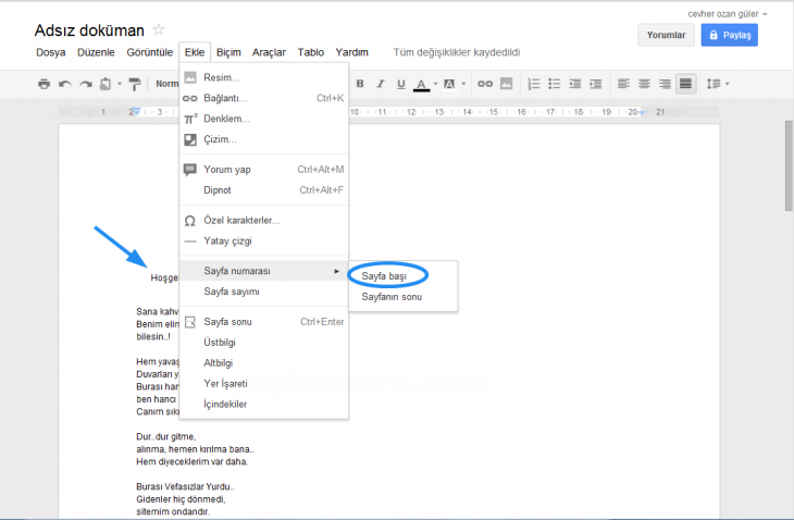 Google Docs Ekle Menüsü